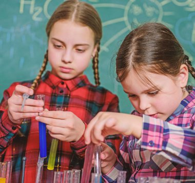 Okulun kimya laboratuvarı. Okula dönüyorum. Eğitici bir kavram. Kimya sınıfındaki öğrenciler. Mutlu çocuklar. Çocuklar, bilim adamları laboratuarda deneyler yapıyor. Yoğunlaşmış kızlar iş başında..
