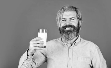 Kemik sağlığı için faydalı bir mandıra mutfağı. Mutlu çiftçi süt bardağı sunar. Sakallı adam yararlı süt içer. Süt ve sürahi içinde. Taze süt ürünleri reklamı. Süt içmek