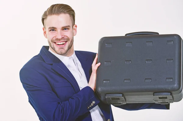 Business conference. Justification for proposed project or expected commercial benefit. Man hold briefcase. Business profit. Commercial offer. Businessman demonstrate briefcase. Business attributes — Stock Photo, Image