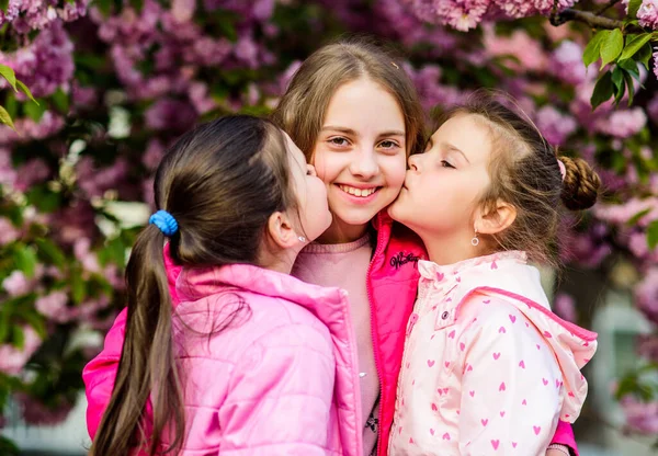 さくら園。姉妹は桜の木の背景を友達。桜の木の子供ピンクの花。花を咲かせます。子供たちは桜を楽しむ。真の友情。私たちの好きなピンク。子供春の庭 — ストック写真
