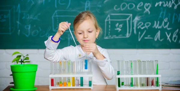 学ぶための興味深いアプローチ。子供は実験が好きだ。探検と調査。学校の授業。女の子かわいい生徒テスト管とカラフルな液体で再生します。学校の化学実験だ。学校教育 — ストック写真