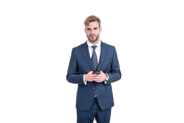 Businessman in suit chatting online using smartphone for business communication, texting. — Stock Photo, Image