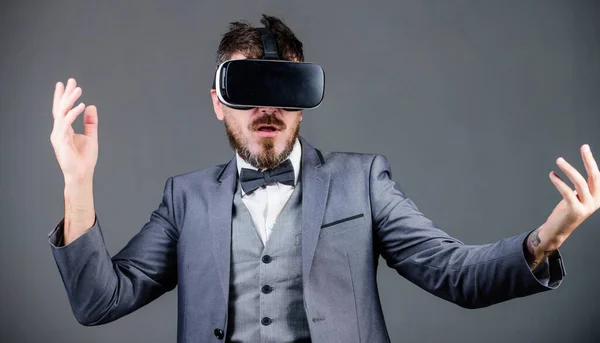 In my virtual world. virtual reality goggles. Modern business. Digital future and innovation. use future technology. bearded man wear wireless VR glasses. businessman in VR headset. Visual reality