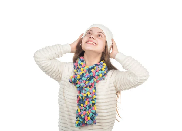 Happy teen girl in knitted hat and scarf warm clothes isolated on white, casual knit — Stock Photo, Image