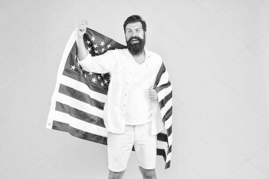 Got green card. American citizen celebrate Independence day. Happy hipster hold USA flag. Citizenship applicant. Citizenship and immigration. Citizenship status. Citizenship and naturalization