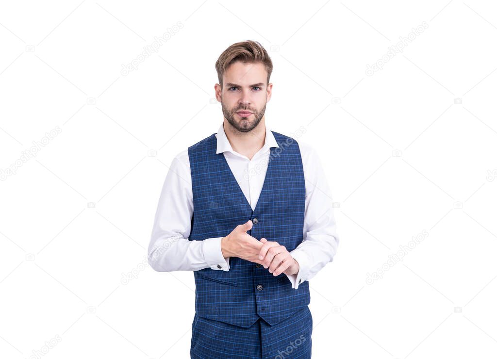 Dressing as business man. Handsome man isolated on white. Fashion look of businessman. Formal style