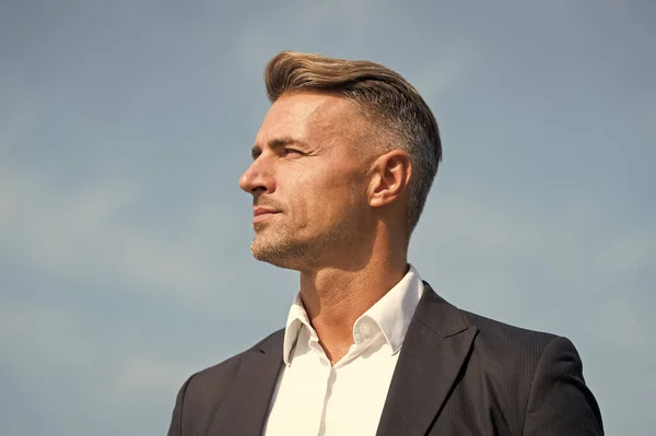 Lost in thoughts. Cognitive process. Intellectual work. Man stylish hairstyle. Male face. Businessman concept. Attractive mature man. Mature man grey hair and bristle outdoors. Predict developments — Stock Photo, Image