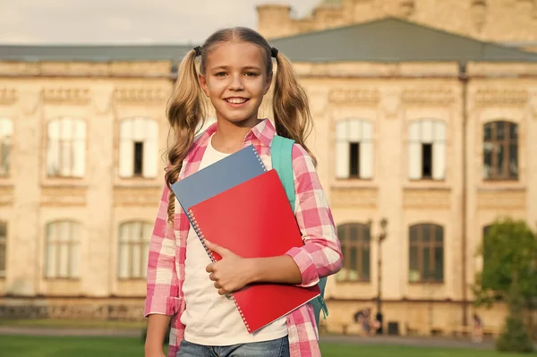 Uma aluna esperta. menina pré-escolar feliz com pasta no quintal da escola. de volta à escola. criança trabalhadora com livro. conceito de educação. Está na hora de trabalhar duro. bonito menina estudo ao ar livre. Cuidados com crianças. — Fotografia de Stock