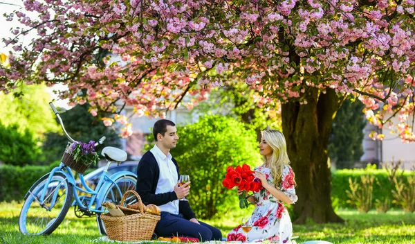 Sé feliz. bicicleta retro. pareja feliz enamorada. mujer y hombre tumbados en el parque y disfrutando del día juntos. picnic de San Valentín. picnic romántico en el parque. pareja fecha en manta bajo sakura flores —  Fotos de Stock