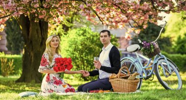 Şarapla romantik piknik. Çiçekler romantizmin ve sevginin sembolü. Mükemmel randevularının tadını çıkarıyorlar. Bisikletli bir çift parkta dinleniyor. Birlikte mutluyuz. Piknik randevusu olan bir çift. Bahar haftasonu