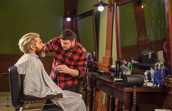 Barbershop services. Know What Haircut You Want. Visit hairdresser. Beauty routine. Maintaining shape. Grow beard and mustache. Man at barbershop. Hairdresser salon. Barbershop client. Trimming beard — Stock Photo, Image