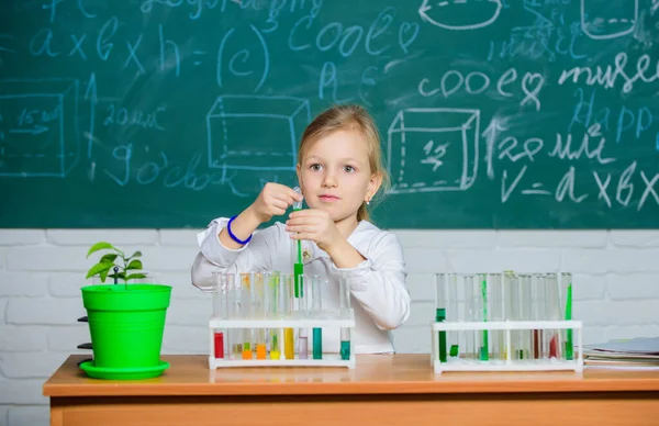 Explorar e investigar. Lição escolar. Menina bonito aluno da escola brincar com tubos de ensaio e líquidos coloridos. Experiência química na escola. Educação escolar. Abordagem interessante para aprender. Futuro cientista — Fotografia de Stock