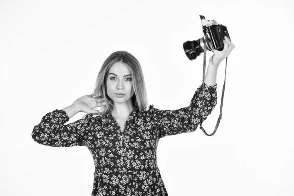Selfie time. modern technology concept. journalist. woman with retro camera. vintage photographing. professional skilled female photographer. girl make selfie photo with old fashioned camera — Stock Photo, Image