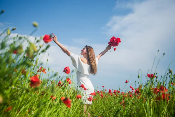 女は夏のポピー畑に花を咲かせ幸せ — ストック写真