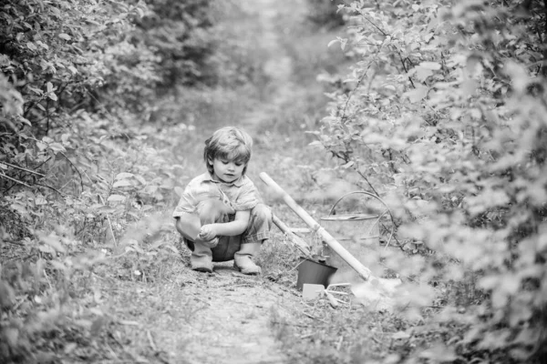 Pequeño ayudante en el jardín. Plantando flores. Cultivando plantas. Cuida de las plantas. Un chico con una regadera. Niño pequeño amor naturaleza. Excavando tierra para plantas verdes. Niño del jardín de infantes. Jardín de primavera —  Fotos de Stock