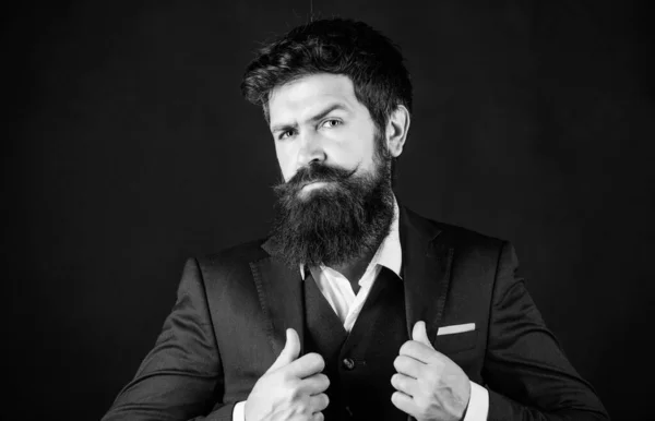 Perfect design. Businessman in suit. Male formal fashion. Stylish PR-specialist. brutal caucasian hipster with moustache. Mature hipster with beard. PR-specialist. Bearded man PR-specialist — Stock Photo, Image