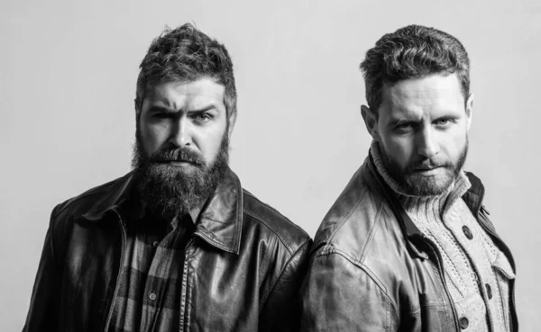 Men brutal bearded hipster. Handsome stylish and cool. Masculine and brutal friends. Bully team. Masculinity and brutality. Feel confident in brutal leather clothes. Brutal men wear leather jackets — Stock Photo, Image