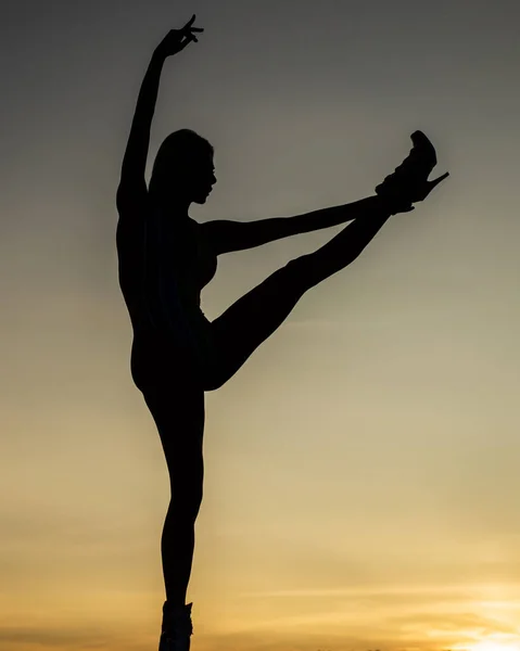 Silueta bailadora de mujer bailarina de ballet al atardecer en el cielo nocturno, bailarina —  Fotos de Stock