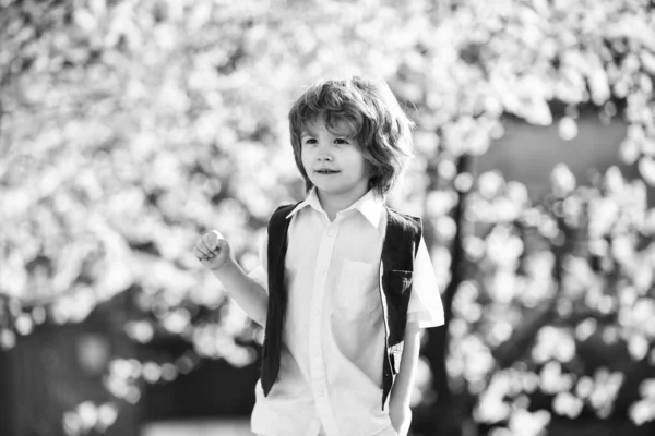 En el paso del tiempo. moda de verano y primavera. niño disfrutar de la naturaleza floreciente en parte. felicidad infantil. niño despreocupado en la luz del sol. Un niño pequeño en el floreciente árbol de primavera. niño feliz tiene un pelo exuberante y saludable —  Fotos de Stock