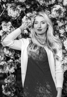 Kadınlık. Sakura mevsimi. Sakura ağacı çiçek açıyor. Pembe mod. Bahar moda koleksiyonu. Kadın bahar çiçeği sakura çiçek açar. Bahçedeki sarışın kadın. Harika bir kız. Kiraz çiçeği kızı.