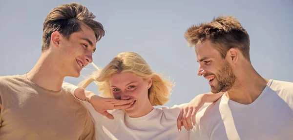Member friendship wishes to enter into romantic relationship. Friendship love. Friendship relations. Friend zone concept. Happy together. Cheerful friends. People outdoors. Happy woman and two men — Stock Photo, Image