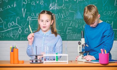 Okul eğitimi. Kimyasal analiz. Çocuklar kimya okuyor. Okulun kimya dersi. Okul laboratuarı. Kız ve erkek okul deneyi sırasında iletişim kurarlar. Çocuklar birlikte ders çalışıyor.