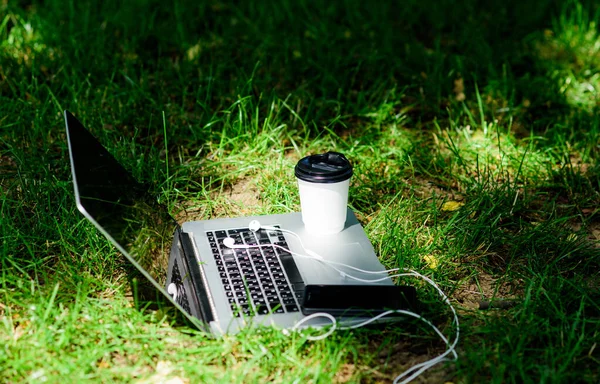 notebook with headset of mobile phone and coffee to go on green grass. working place outdoor. Free music. agile business. Online study. summer vibes. Relax. university students life. Online shopping