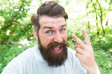 Vahşice erkek eğlencesi. Yaz eğlencesi. Park Ormanı 'ndaki sakallı adam. Sakallı hippi. Uzun sakallı hippi duygusal suratı doğa geçmişini kapatıyor. Doğal ortamda çılgın sakallı olgun bir adam.