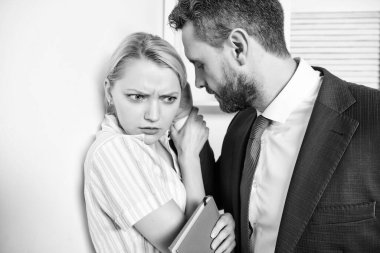 Businessman Sexually Harassing Female Colleague. Protection female rights. Man touching girl. clipart