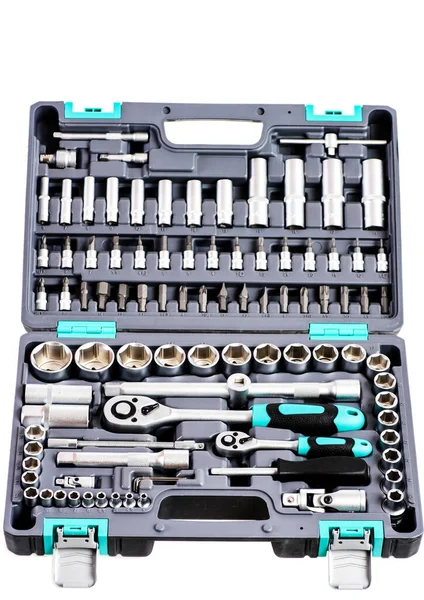 Caja de herramientas de llave de zócalo aislada sobre fondo blanco. Llave de zócalo. Kit de herramientas de llave inglesa. Talleres de reparación de automóviles y construcción, reparación de equipos agrícolas y de otro tipo o vida familiar —  Fotos de Stock