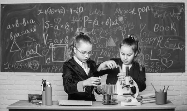 Esto es lo que estamos probando hoy. Lección de biología. experimentos científicos en el laboratorio de bilogía. Niñas en el laboratorio escolar. educación en biología. Un pequeño científico trabaja con el microscopio. Investigación química —  Fotos de Stock