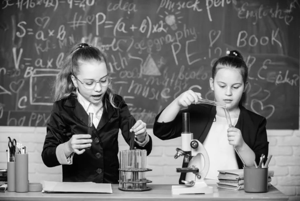 Για ένα καλύτερο αύριο. Έξυπνα κοριτσάκια στο σχολικό εργαστήριο. Εργαστήριο Επιστημών. επιστημονικά πειράματα στο εργαστήριο. Εργαστήριο Βιολογίας. Ιδιοφυές. Μικρά κορίτσια επιστήμονας με μικροσκόπιο. Χημική έρευνα στο εργαστήριο — Φωτογραφία Αρχείου