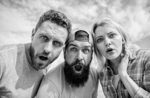That is impossible. Shocking news. Amazed surprised face expression. How to impress people. Shocking impression. Men with beard and woman looking shocked. No way. Friends shocked faces looking at you
