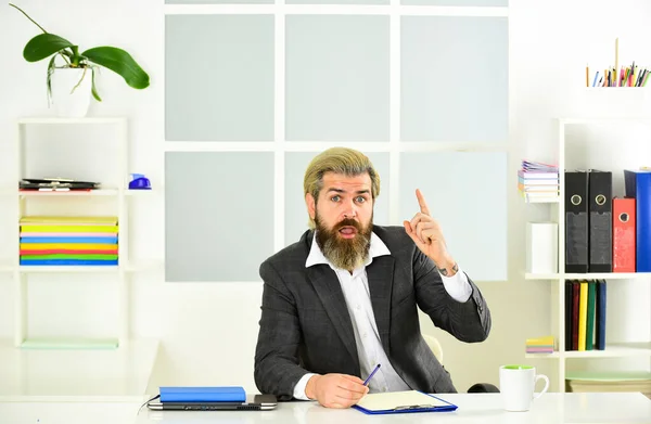 Man bearded manager formal suit sit office. Investment securities such as stocks bonds and mutual funds. Crisis concept. Loss prevention plan. Economics crisis. Stock market and economic cycles — Stock Photo, Image