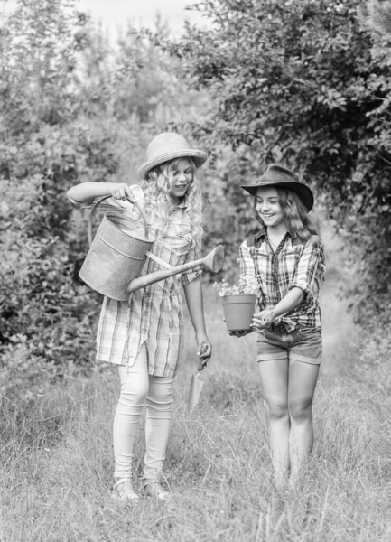 Lányok kalapban növényeket ültetnek. Rusztikus gyerekek természet háttér. Gyerekek szórakoznak a farmon. Öko-gazdálkodási koncepció. Ültetés és öntözés. Mezőgazdasági koncepció. A nővérek segítenek a farmon. Családi gazdaság — Stock Fotó