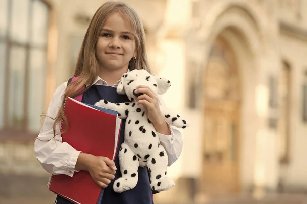 Lernen und spielen im Vorschulalter. Kleine Kinder halten Spielhund und Bücher in der Hand. Frühkindliche Bildung. Zurück zur Schule. Afterschool-Club. Freund und Freundschaft. Lernaktivität. Kontaktieren Sie uns, um mehr zu erfahren, Kopierraum — Stockfoto