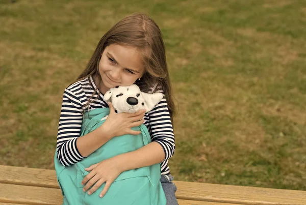 Knuffelig speeltje. Een kleine knuffelhond in een zak. Speelgoedvriend. Een jeugdvriend. Vriend en vriendschap. Plezier en spel. Liefde en zorg. Kinderdagverblijf en speelschool. Laat me met je spelen, kopieer ruimte. — Stockfoto