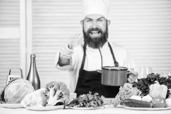 Happy bearded man. chef recipe. Cuisine culinary. Vitamin. Vegetarian salad with fresh vegetables. Dieting organic food. Healthy food cooking. Mature hipster with beard. Young and carefree — Stock Photo, Image