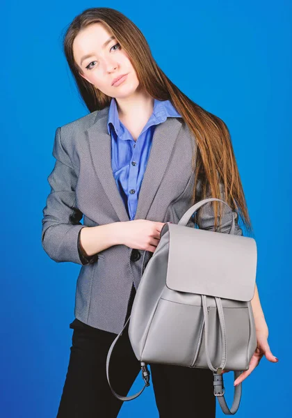 Female bag fashion. stylish woman in jacket with leather backpack. business. Shool girl with knapsack. girl student in formal clothes. student life. Smart beauty. Nerd. Look at this — Stock Photo, Image