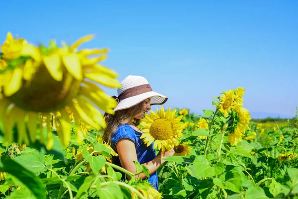 Schattig rustiek kind meisje genieten van de zomer op zonnebloemen veld, vrijheid concept — Stockfoto