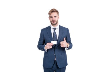 Boş plastik kartvizit. Başarılı CEO kolay bankacılık kar ödemesi öneriyor.