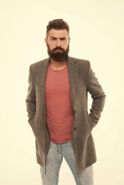 Comfortable outfit. Modern outfit. Stylish casual outfit. Menswear and fashion concept. Man bearded hipster stylish fashionable jacket. Casual jacket perfect for any occasion. Consultation of stylist — Stock Photo, Image