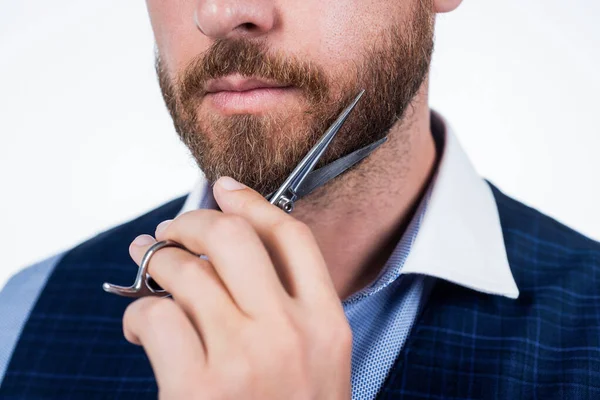 cropped bearded man cut his beard with barber scissors, barbering