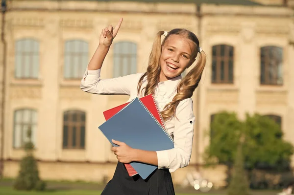 Hausaufgaben erledigt. Glückliches Kind bekam Hausaufgabenidee im Freien. Hausaufgabenbetreuung. Aktivitäten nach der Schule. Hausaufgaben. Leseliste. Hausaufgabenbetreuung. Schule und Bildung — Stockfoto