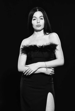 Süslü kıyafetler. Moda dükkanı. Moda konsepti. Sadelikte zarafet. Siyah mükemmel. Göz kamaştırıcı bir tarz. Tüy süslemeleri. Zarif kadın model. Tüylü elbise giyen şık bir kız.