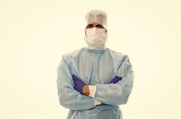 full protection. coronavirus pneumonia pandemic. virus vaccine and treatment. spread of covid 19. healthcare. corona igg immunity. man in surgical gloves. doctor in respirator mask isolated on white