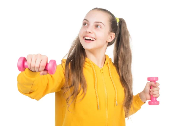 Tak vtipné. odhodlání. šťastná dospívající dívka s činkou. sport a fitness. — Stock fotografie