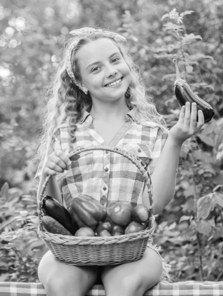 Eco farming. Girl cute smiling child living healthy life. Healthy lifestyle. Eat healthy. Summer harvest concept. Gmo free. Healthy food concept. Kid hold basket with vegetables nature background — Stock Photo, Image