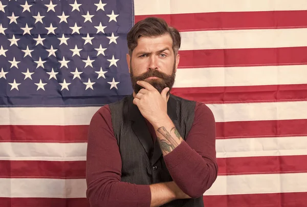 Country First. fourth of july. independence day. celebration of freedom. Patriotic education. legal system in America. confident mature man at american flag. bearded man usa parliament representative — Stock Photo, Image