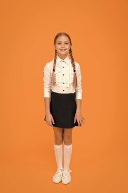 Okula tekrar hoş geldin. Mezuniyet konsepti. İlkokul eğitimi. Mükemmel liseli kız. Gülümseyen küçük liseli kız. Okul üniforması içinde küçük kız güzel görünüyor. Uzun saçlı, tatlı bir kız öğrenci.